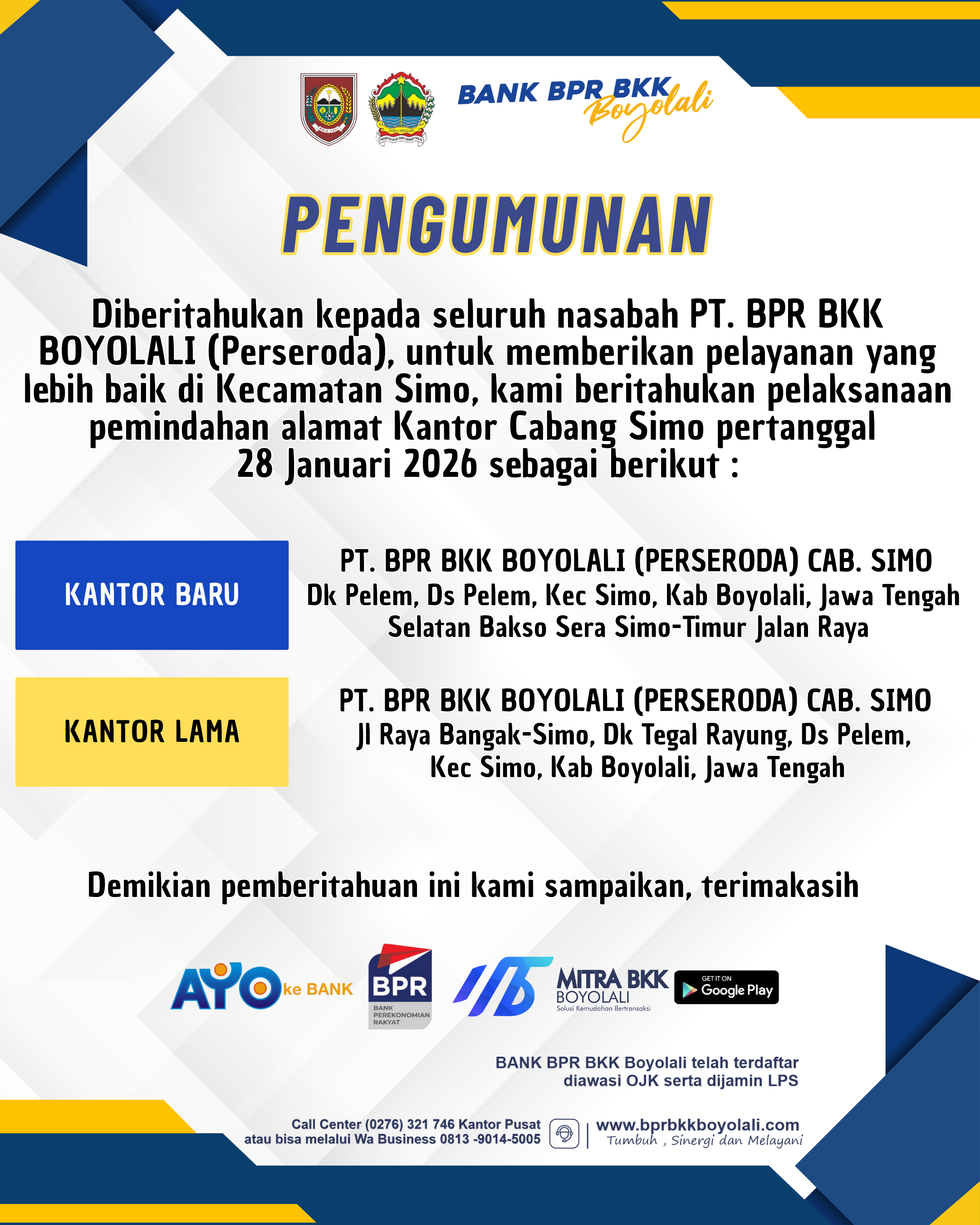 PENGUMUMAN PINDAH KANTOR BARU KANTOR CABANG SIMO